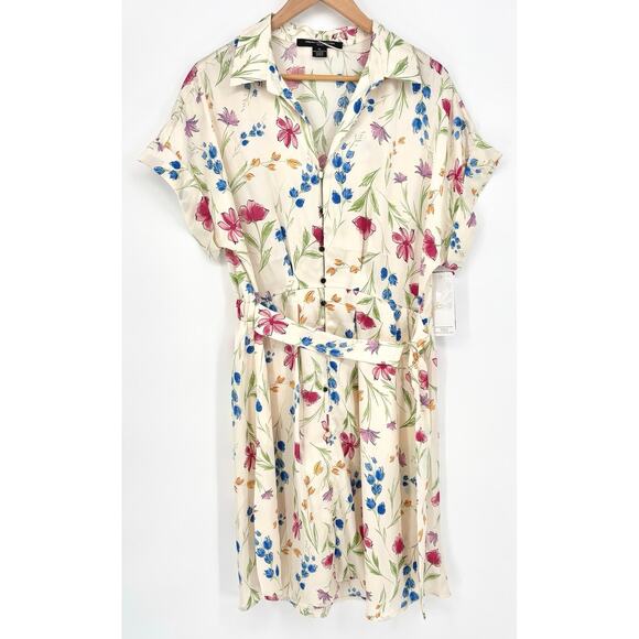 French Connection NWT Satin Cream Floral Shirt Dress Size XL - Picture 1 of 7
